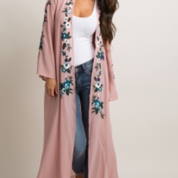 Pinkblush Jackets & Blazers - New*Pink Embroidered Chiffon Long Maternity Kimono